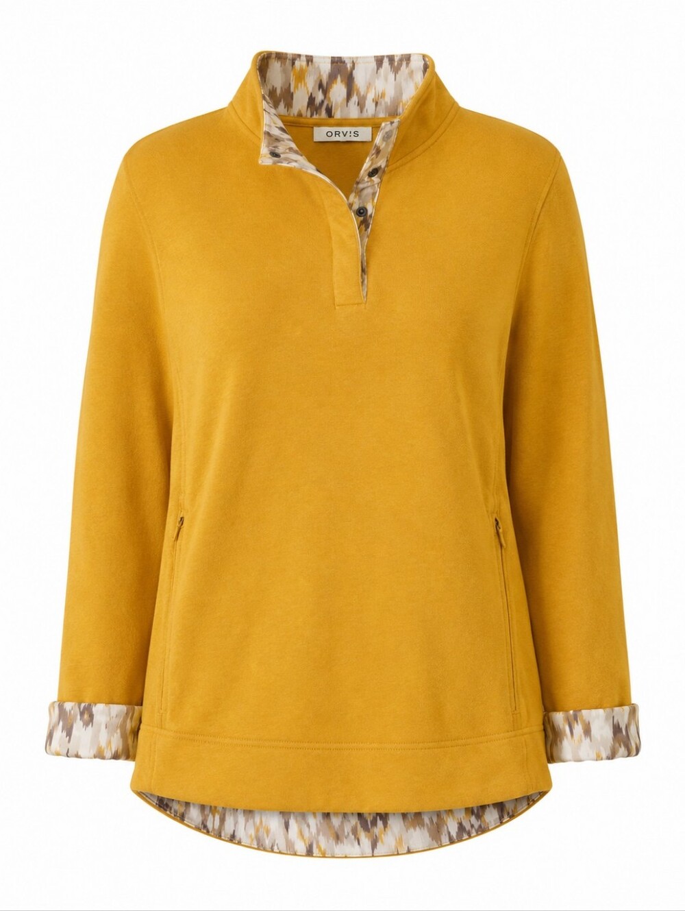 ORVIS | Mustard Yellow Cotton Pullover Mock Neck Zip Pockets Floral Trim | L